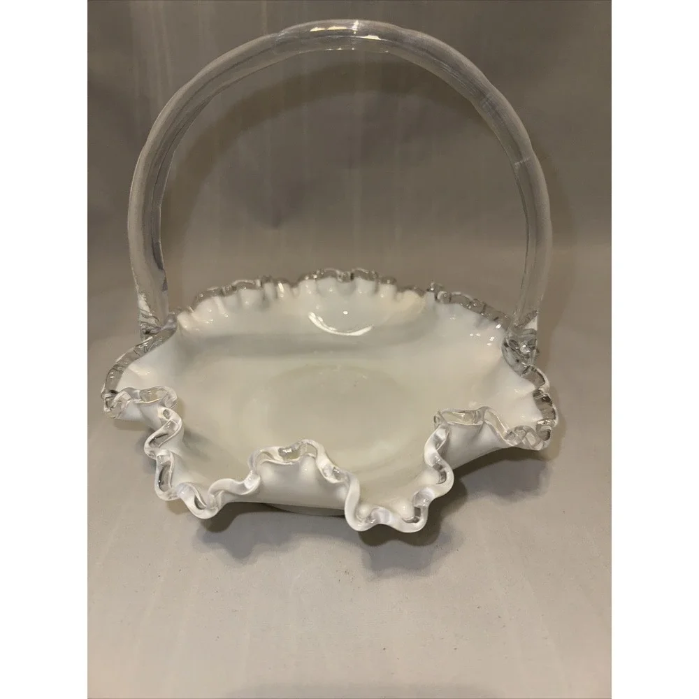 Vintage Fenton Silver Crest White‎ Milk Glass Ruffle Edged Basket Bamboo Handle